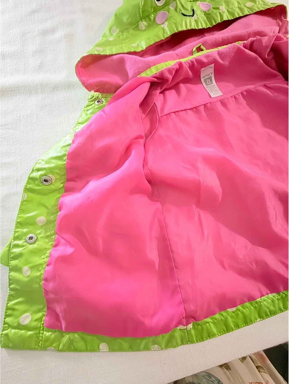 Carter's Toddler 2T Green Polka Dot Frog Hooded Rain Jacket with Pink Lining